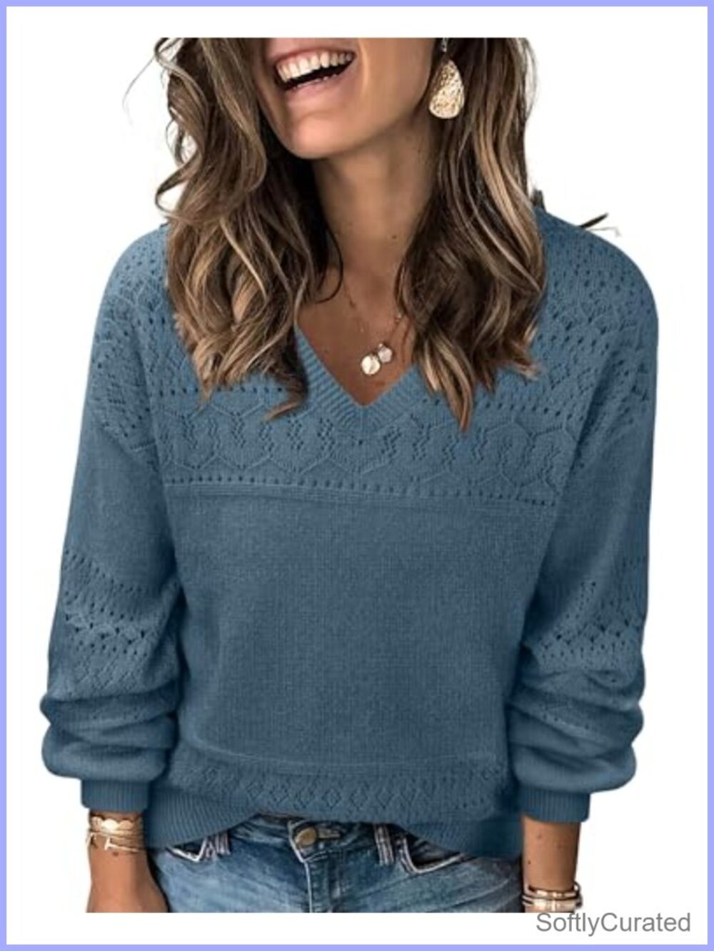 Women's V Neck Crochet Knit Pullover Sweater Lightweight Casual